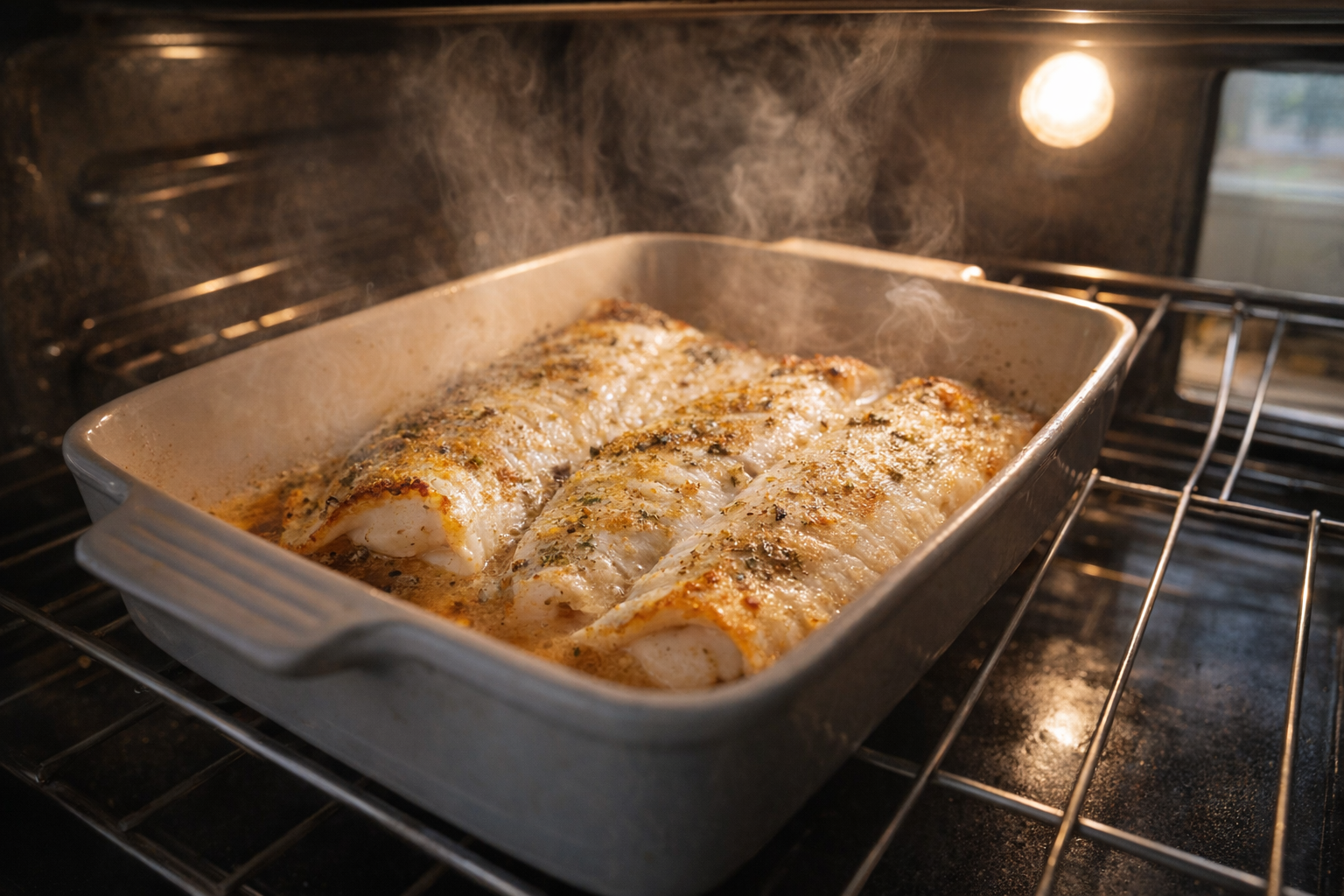 Flounder fillets baking in the oven, visible steam, golden brown edges, oven light